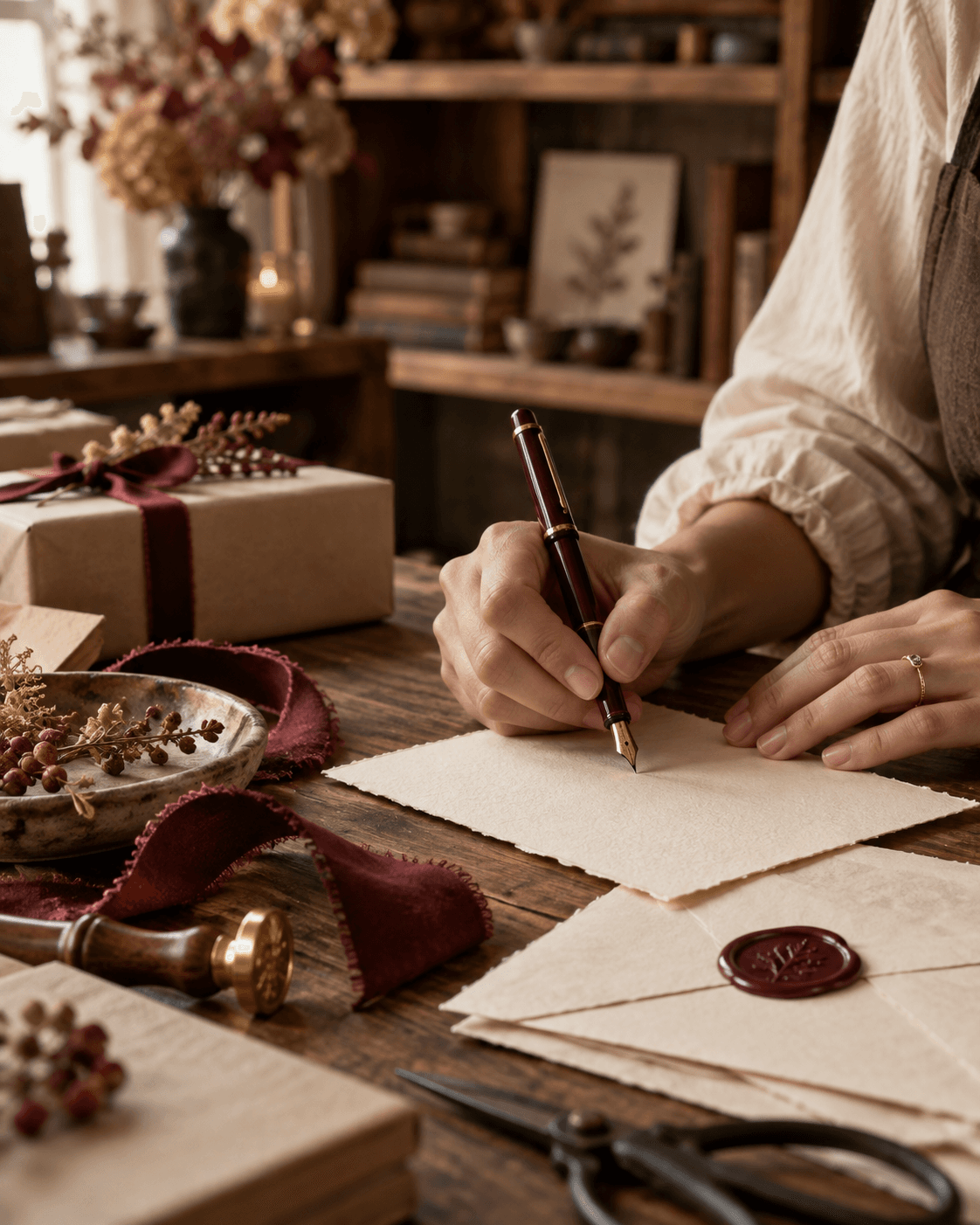 An artisan writing a gift note in a warm workshop