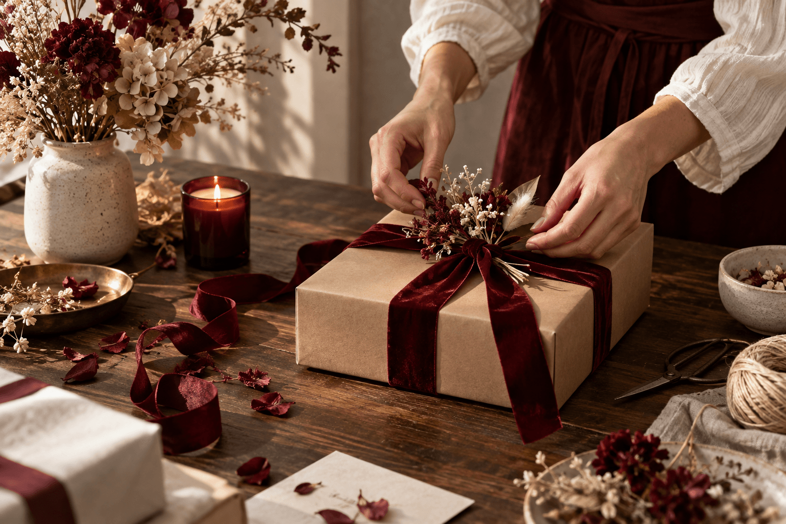 An artisan arranging a botanical gift parcel